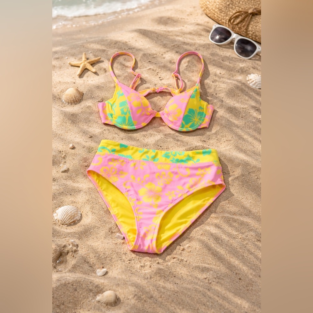 Vibrant Pink and Yellow Floral Bikini Set